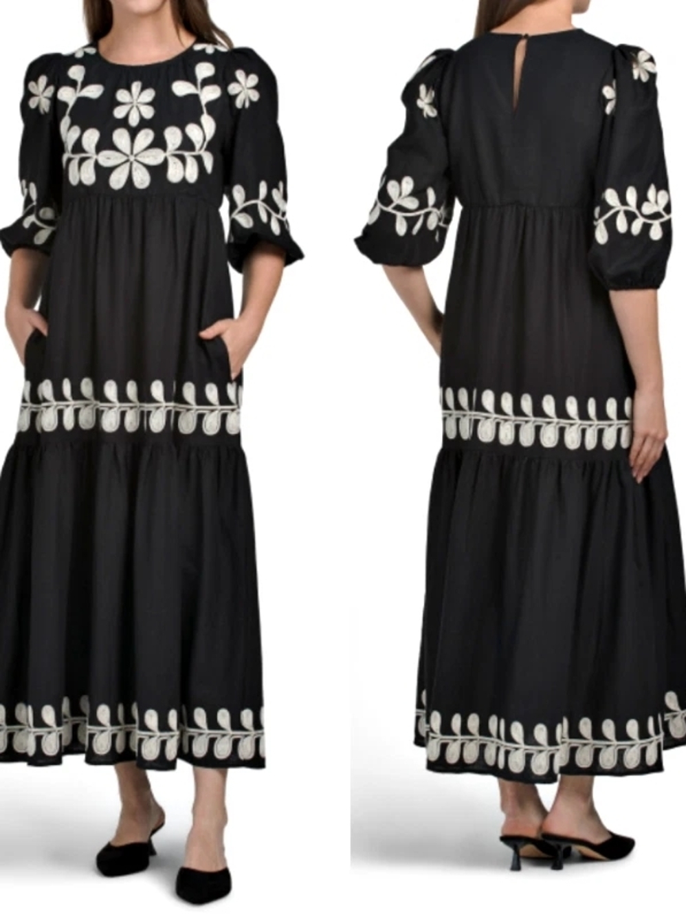 Caroline Constas Embroidered Linen-Blend Puff Sleeve Dress Black-Cream Size 10